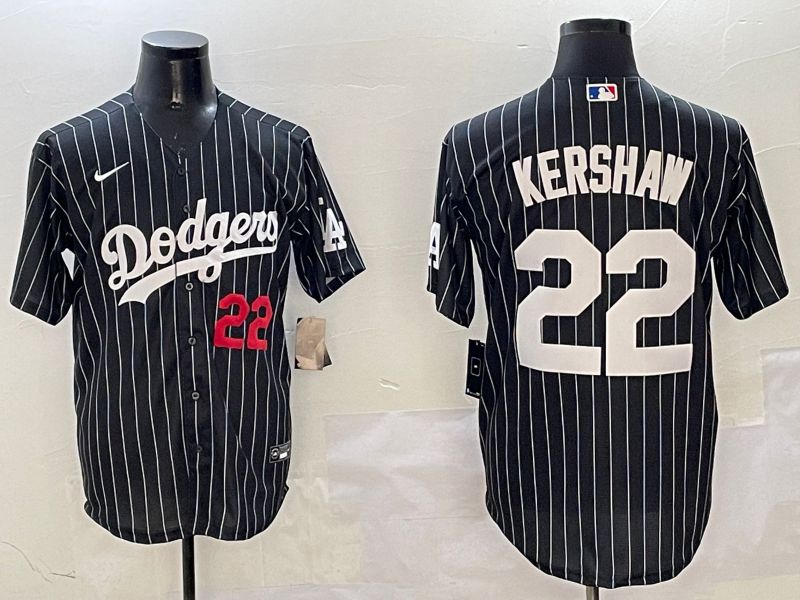 Men Los Angeles Dodgers #22 Kershaw Black Stripe Jointly Name 2025 Nike MLB Jersey style 9